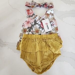 Floral Baby Outfit with Mustard Shorts 3 Piece Set New With Tags